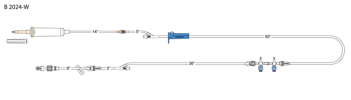 CODAN 10d non-vented chamber, back check valve, (2) needlefree Y-sites, roller clamp, detachable 2-gang swabable four-way stopcocks, 6” pigtail with spin-lock