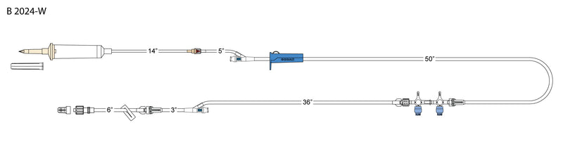 CODAN 10d non-vented chamber, back check valve, (2) needlefree Y-sites, roller clamp, detachable 2-gang swabable four-way stopcocks, 6” pigtail with spin-lock