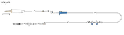 CODAN 10d non-vented chamber, back check valve, roller clamp, needlefree Y-site, (3) detachable swabable four-way stopcocks, detachable 10” pigtail with spin-lock