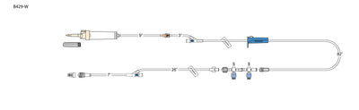 CODAN 10d vented chamber, back check valve, (2) needlefree Y-sites, (2) slide clamps, roller clamp, detachable 2-gang swabable four-way stopcocks, spin-lock