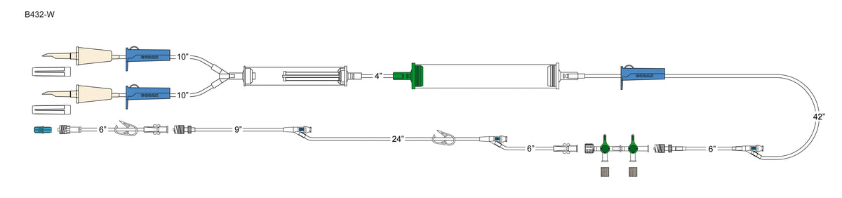 CODAN (2) non-vented spikes, (3) roller clamps, large volume elongated 170micron filter chamber, cylinder hand pump, swabable Y-site, detachable 2-gang four-way stopcocks, 40" extension set with (2) swabable Y-sites and pinch clamp, 6" detachable p