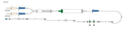 CODAN (2) non-vented spikes, (3) roller clamps, large volume elongated 170micron filter chamber, cylinder hand pump, swabable Y-site, detachable 2-gang four-way stopcocks, 40" extension set with (2) swabable Y-sites and pinch clamp, 6" detachable p