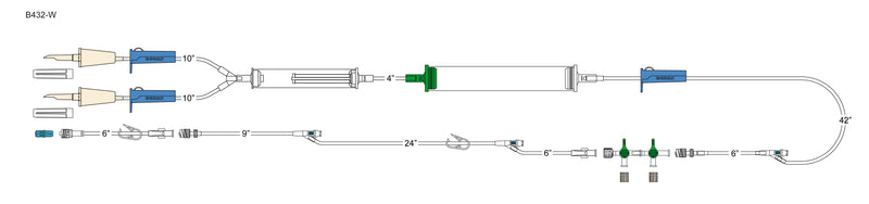 CODAN (2) non-vented spikes, (3) roller clamps, large volume elongated 170micron filter chamber, cylinder hand pump, swabable Y-site, detachable 2-gang four-way stopcocks, 40" extension set with (2) swabable Y-sites and pinch clamp, 6" detachable p