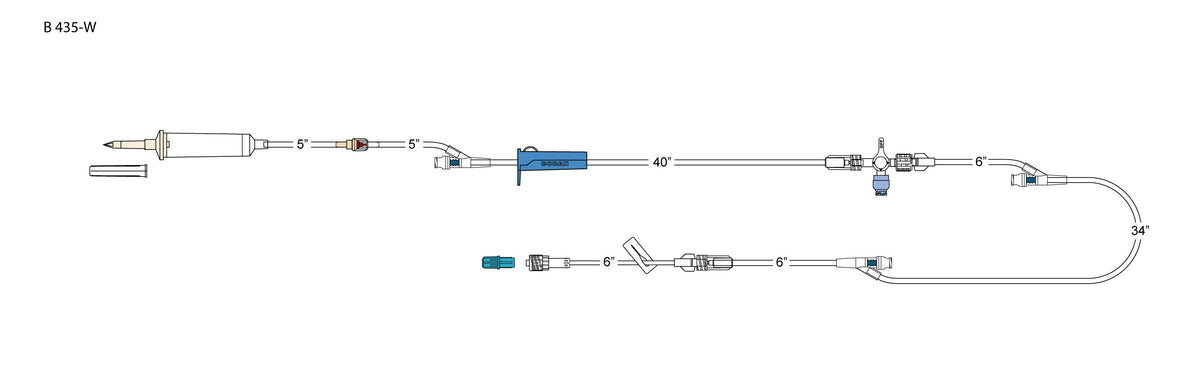 CODAN 10d non-vented chamber, back check valve, (3) needlefree Y-sites, roller clamp, swabable four-way stopcock, 6” pigtail with spin-lock