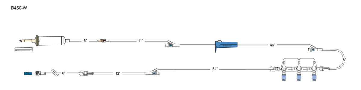 CODAN 10d non-vented chamber, back check valve, (3) needlefree Y-sites, roller clamp, detachable 3-gang swabable four-way stopcocks on a manifold plate, 6” pigtail with spin-lock