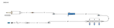CODAN 10d non-vented chamber, back check valve, (3) needlefree Y-sites, roller clamp, detachable 3-gang swabable four-way stopcocks on a manifold plate, 6” pigtail with spin-lock