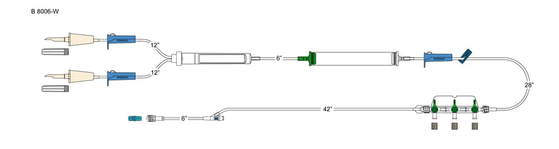 CODAN (2) non-vented spikes, (3) roller clamps, 200 micron filter chamber, cylinder hand pump, detachable 3-gang four-way stopcocks on a manifold plate, needlefree Y-site, male luer-lock