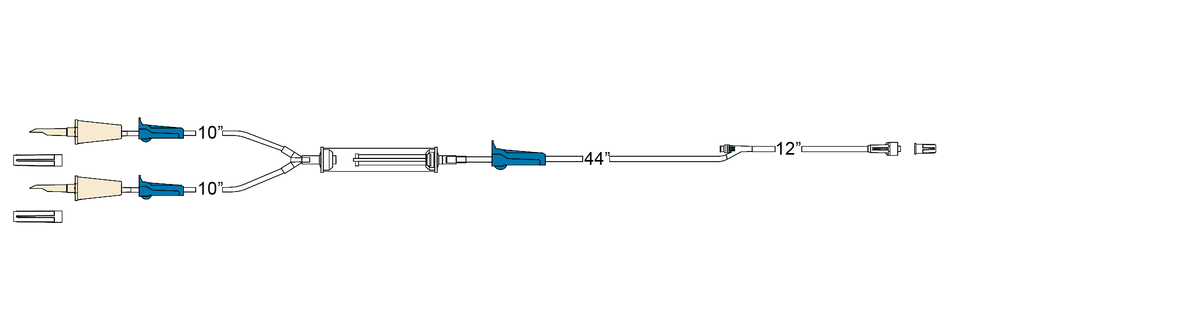 CODAN (2) non-vented spikes, (3) roller clamps, large volume elongated 170 micron filter chamber, needlefree Y-site, to fixed male luer-lock