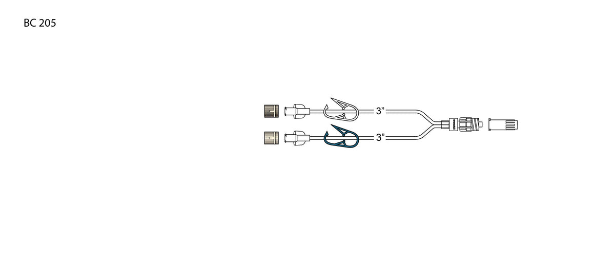 CODAN Bifurcated MiniBore Extension Set, (2) female luer-locks, (2) color coded pinch clamps, 2-in-1 male luer-lock