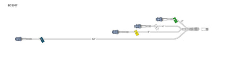 CODAN Quadfurcated Flush Set, (4) swabable valves, (4) color coded slide clamps, spin-lock