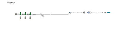 CODAN 3-gang four-way stopcocks, slide clamp, needlefree Y-site, male luer-lock Swabable 8” pigtail with spin-lock