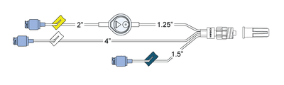 CODAN Trifurcated MiniBore Extension Set, (3) swabable valves, (3) color coded slide clamps, 0.2 micron air eliminating filter, 3-in-1 spin-lock
