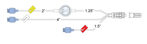 CODAN Trifurcated MiniBore Extension Set, (3) swabable valves, (3) color coded slide clamps, 0.2 micron air eliminating filter, 3-in-1 spin-lock