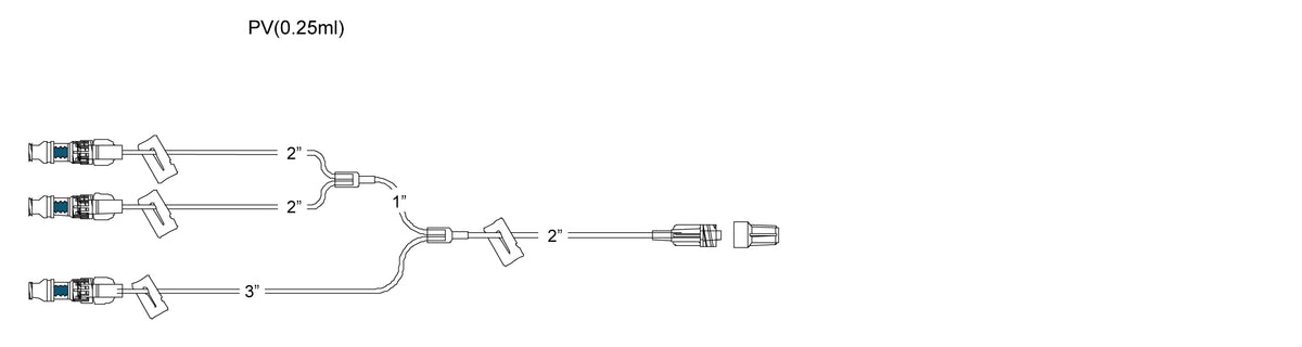 CODAN Trifurcated MiniBore Extension Set, (3) swabable valves, (4) slide clamps, male luer-lock