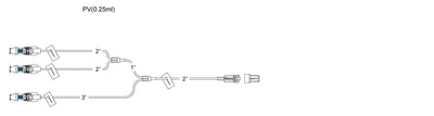 CODAN Trifurcated MiniBore Extension Set, (3) swabable valves, (4) slide clamps, male luer-lock