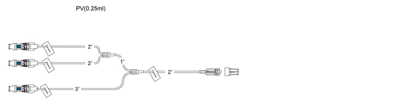 CODAN Trifurcated MiniBore Extension Set, (3) swabable valves, (4) slide clamps, male luer-lock