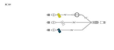 CODAN Trifurcated MiniBore Extension Set, (3) female luer-locks, (3) color coded slide clamps, 0.2 micron air eliminating filter, 3-in-1 spin-lock
