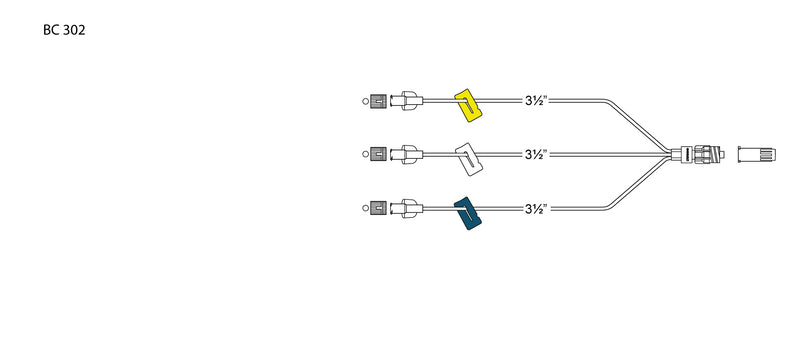 CODAN Trifurcated MiniBore Extension Set, (3) female luer-locks, (3) color coded slide clamps, 3-in-1 spin-lock