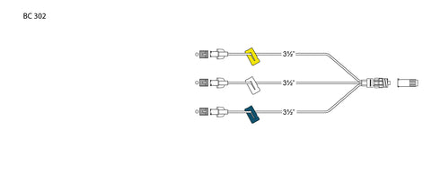 CODAN Trifurcated MiniBore Extension Set, (3) female luer-locks, (3) color coded slide clamps, 3-in-1 spin-lock