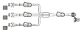 CODAN Trifurcated MiniBore Extension Set, (3) female luer-locks, (4) pinch clamps, spin-lock