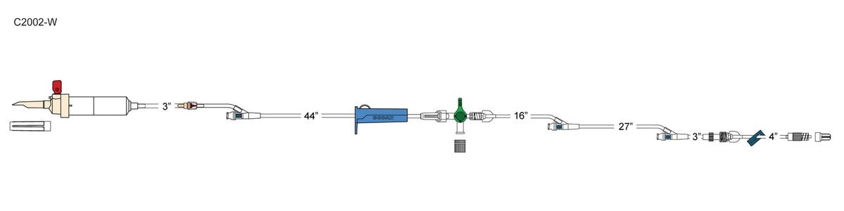 CODAN 60d vented chamber, back check valve, (3) needlefree Y-sites, roller clamp, detachable four-way stopcock, 4” pigtail with slide clamp, spin-lock