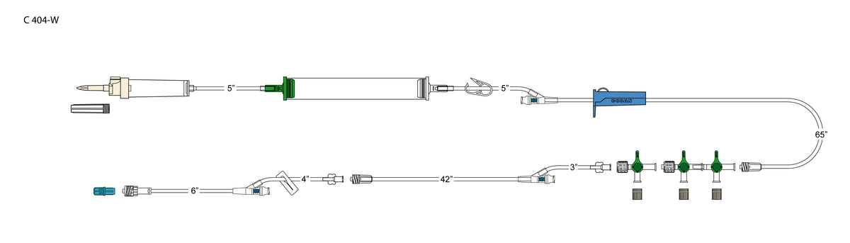CODAN 10d vented chamber, cylinder hand pump, pinch clamp, needlefree Y-site, roller clamp, 2-gang four-way stopcock manifold, detachable four-way stopcock extension, (2) slide clamps, detachable four-way stopcock, 5” microbore pig