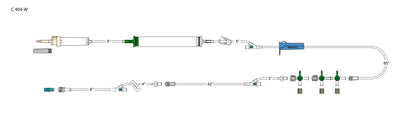 CODAN 10d vented chamber, cylinder hand pump, pinch clamp, needlefree Y-site, roller clamp, 2-gang four-way stopcock manifold, detachable four-way stopcock extension, (2) slide clamps, detachable four-way stopcock, 5” microbore pig