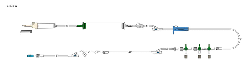 CODAN 10d vented chamber, cylinder hand pump, pinch clamp, needlefree Y-site, roller clamp, 2-gang four-way stopcock manifold, detachable four-way stopcock extension, (2) slide clamps, detachable four-way stopcock, 5” microbore pig