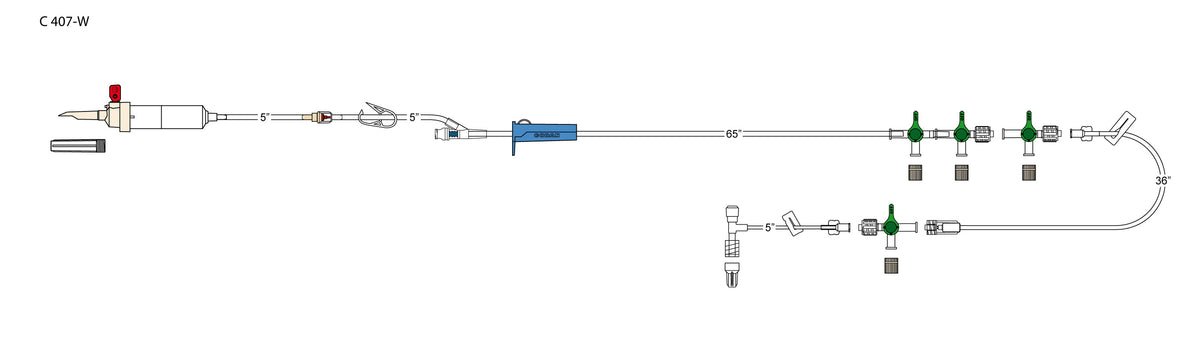 CODAN 60d vented chamber, back check valve, pinch clamp, needlefree Y-site, roller clamp, 2-gang four-way stopcock manifold, detachable four-way stopcock extension, (2) slide clamps, detachable four-way stopcock, 5” microbore pigta