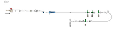CODAN 60d vented chamber, back check valve, pinch clamp, needlefree Y-site, roller clamp, 2-gang four-way stopcock manifold, detachable four-way stopcock extension, (2) slide clamps, detachable four-way stopcock, 5” microbore pigta