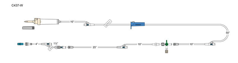 CODAN 60d vented chamber, (2) swabable Y-sites, slide clamp, roller clamp, detachable four-way stopcock, 36” detachable extension set with swabable Y-site, detachable 6” needlefree pigtail with swabable Y-site and spin-lock