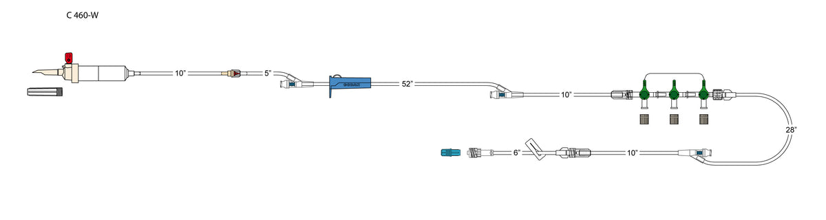 CODAN 20d vented chamber, back check valve, (3) needlefree Y-sites, roller clamp, detachable 3-gang four-way stopcocks on a manifold plate, 6” pigtail with slide clamp, spin-lock