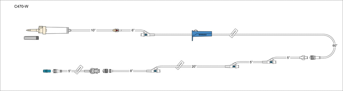 CODAN 10d vented chamber, back check valve, (2) swabable Y-sites, slide clamp, roller clamp, detachable 36” detachable extension with (2) swabable Y-sites, detachable 6” needlefree pigtail with spin-lock