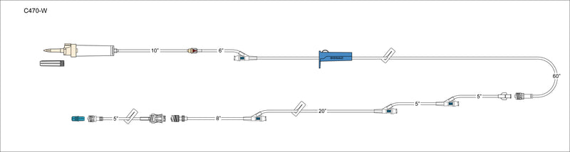CODAN 10d vented chamber, back check valve, (2) swabable Y-sites, slide clamp, roller clamp, detachable 36” detachable extension with (2) swabable Y-sites, detachable 6” needlefree pigtail with spin-lock