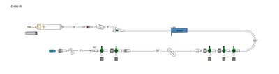 CODAN 60d vented chamber, back check valve, pinch clamp, swabable Y-site, roller clamp, 2-gang four-way stopcock manifold, detachable stopcock extension, detachable four-way stopcock, detachable 7” minibore stopcock pigtail with spin-lock