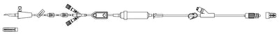 CODAN Gravity Set with inline check valves, 20 drop inline chamber with 15 micron filter, slide clamp, roller clamp, pinch clamp, 0.2 micron air eliminating filter, needlefree Y-injection site, spin-lock with CODAN FlowStop CapTM