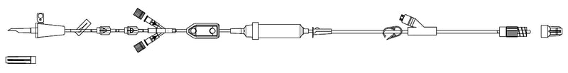 CODAN Gravity Set with inline check valves, 20 drop inline chamber with 15 micron filter, slide clamp, roller clamp, pinch clamp, 0.2 micron air eliminating filter, needlefree Y-injection site, spin-lock with CODAN FlowStop CapTM