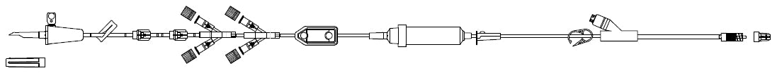 CODAN Gravity Set with inline check valves, 20 drop inline chamber with 15 micron filter, slide clamp, roller clamp, pinch clamp, 0.2 micron air eliminating filter, needlefree Y-injection site, spin lock with CODAN FlowStop CapTM