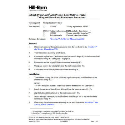Hillrom Instruction Sheet, Primaire ARS Ticking/Liner - 135944