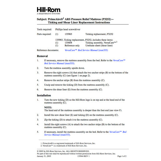 Hillrom Instruction Sheet, Primaire ARS Ticking/Liner - 135944