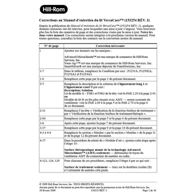 Hillrom Service Manual, VersaCare, Errata, French Canadian - 156323