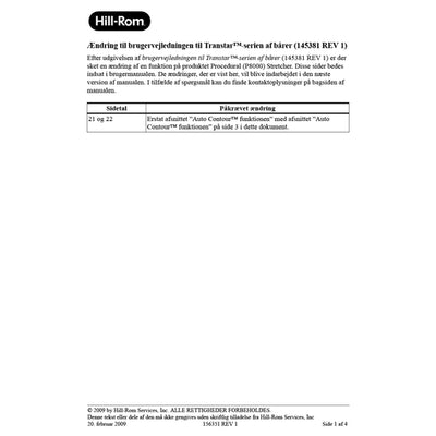 Hillrom User Manual, Stretcher, Errata, Danish - 156351