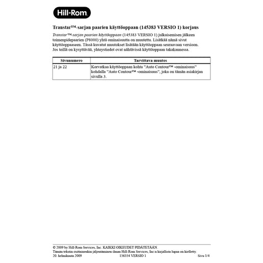 Hillrom User Manual, Stretcher, Errata, Finnish - 156354