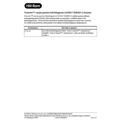 Hillrom User Manual, Stretcher, Errata, Finnish - 156354