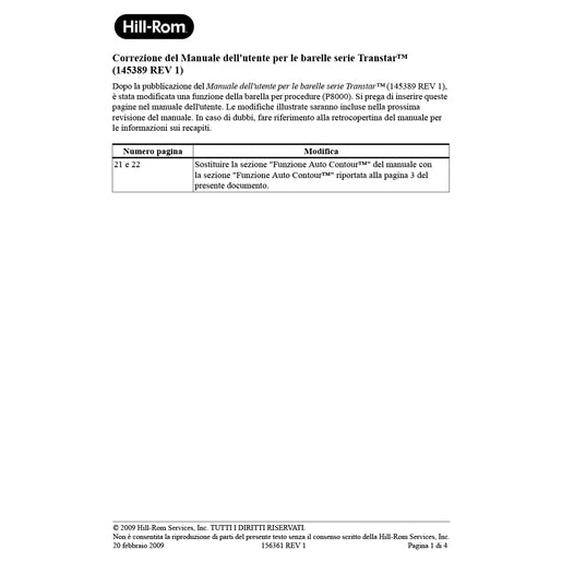 Hillrom User Manual, Stretcher, Errata, Italian - 156361