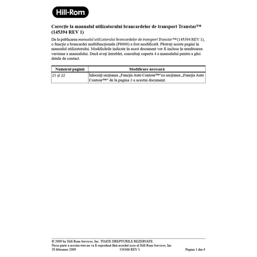 Hillrom User Manual, Stretcher, Errata, Romanian - 156366