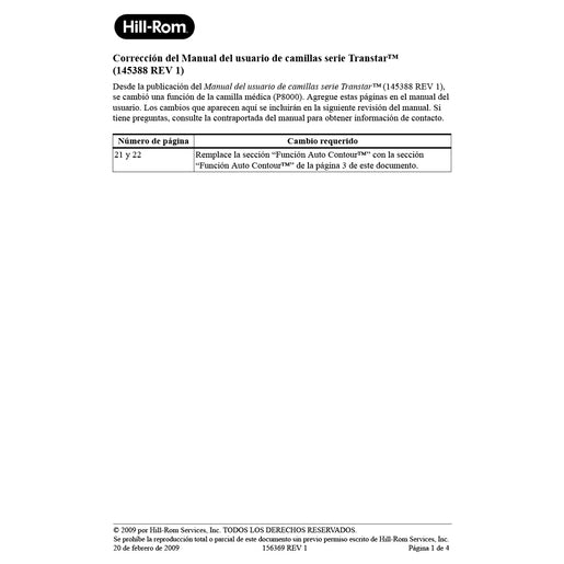 Hillrom User Manual, Stretcher, Errata, Spanish - 156369