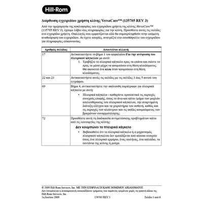 Hillrom User Manual, VersaCare Bed, Errata, Greek - 159765