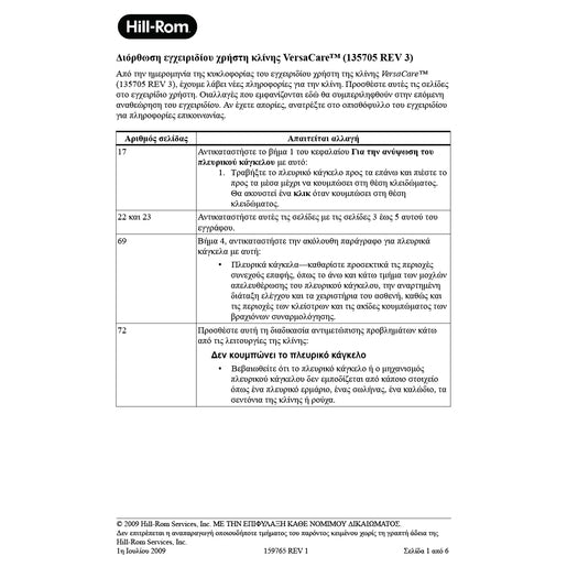 Hillrom User Manual, VersaCare Bed, Errata, Greek - 159765