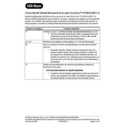 Hillrom User Manual, VersaCare Bed, Errata, Spanish - 159769